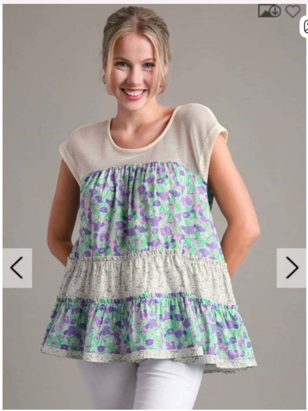 Umgee Boho Babydoll Floral and Mesh Blouse M